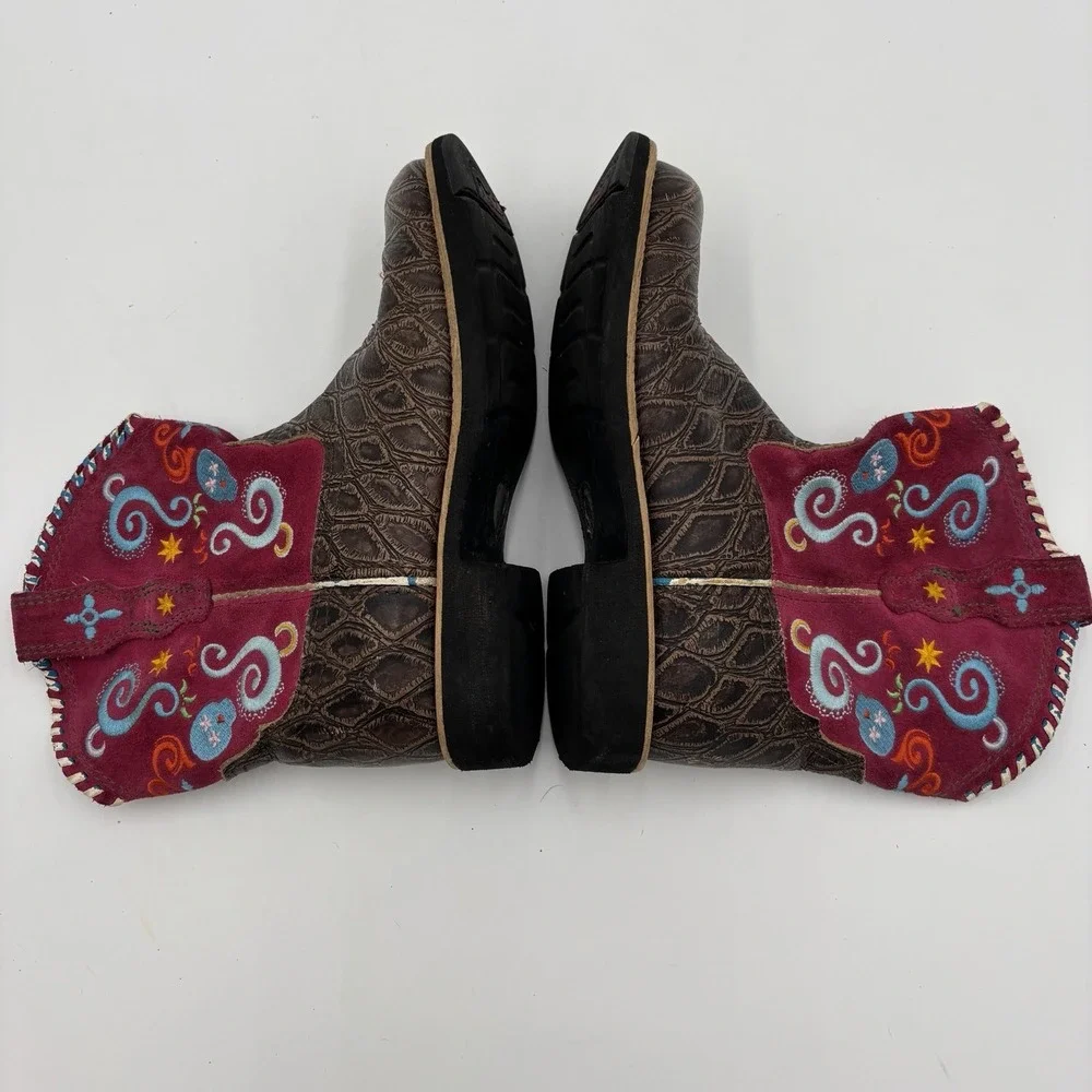 Ariat Cowboy Boots Girls Size 2.5 Brown Pink Embroidered‎ Round Toe Western